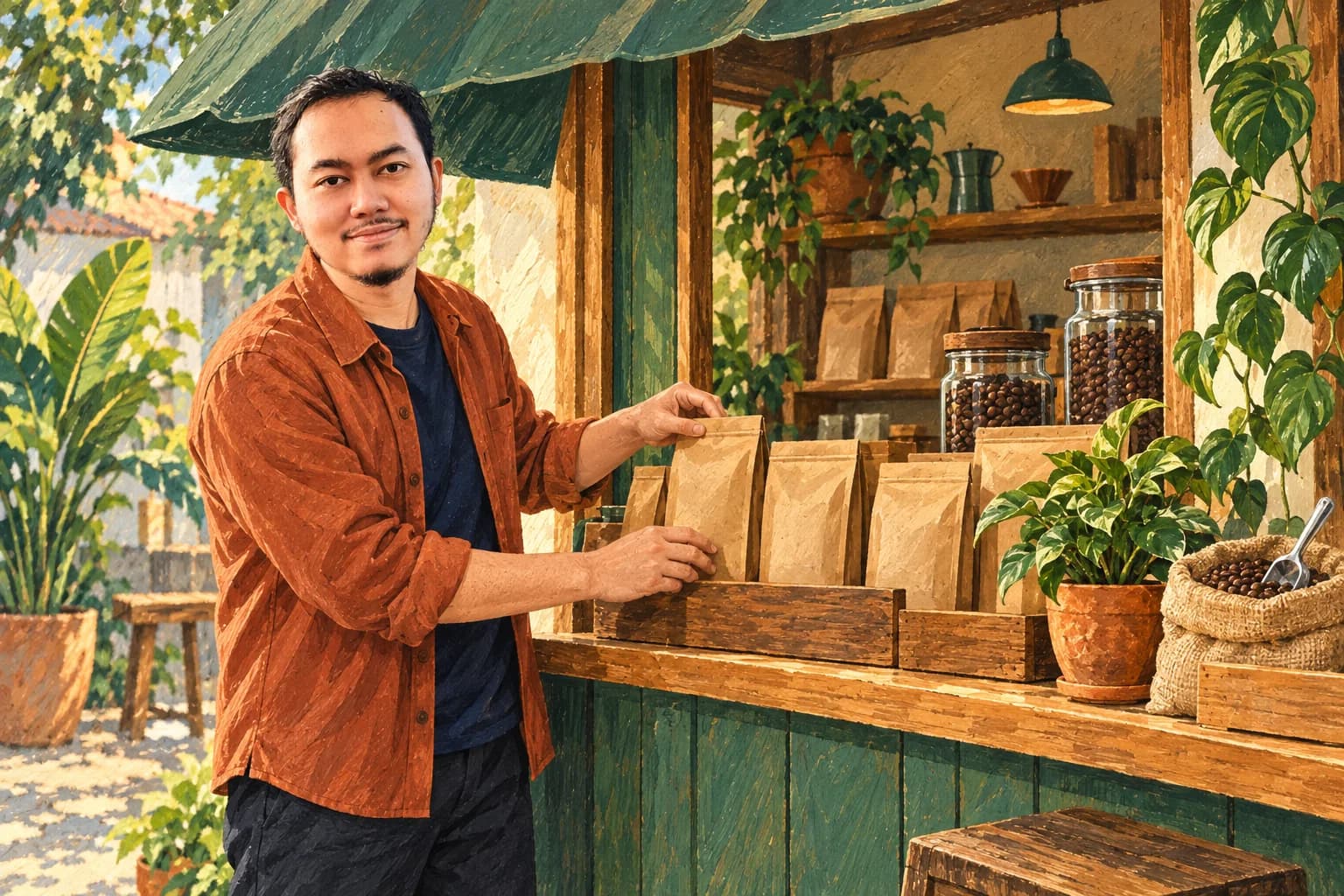 Ilustrasi Khairun Rizki menata produk kopi di etalase usaha kecil.