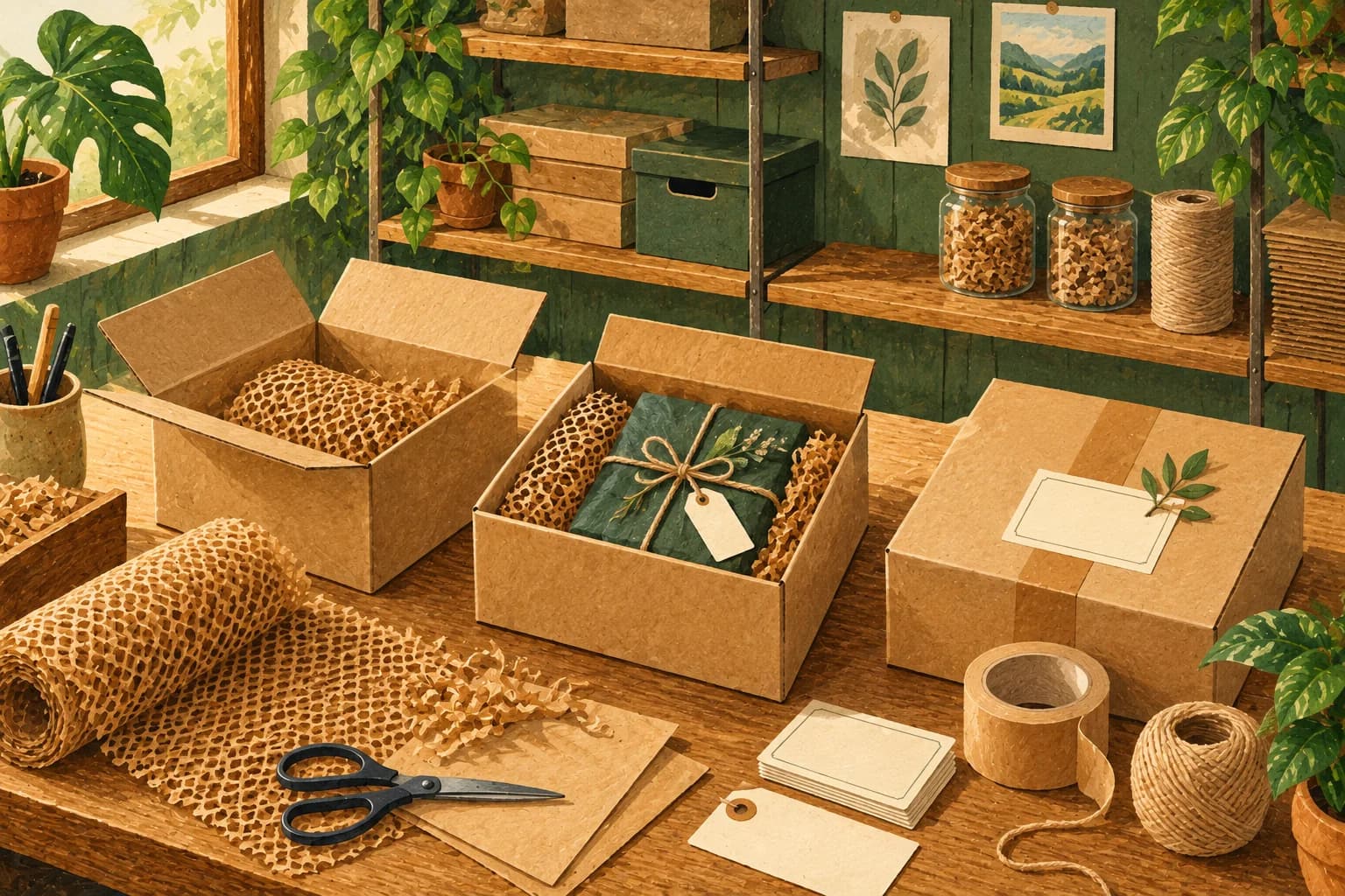 Ilustrasi meja pengemasan dengan paket, kertas pelindung, label kosong, dan rak tertata.