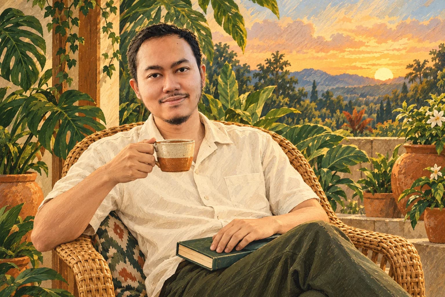 Ilustrasi Khairun Rizki menikmati teh di taman sambil memegang buku yang telah selesai dibaca.