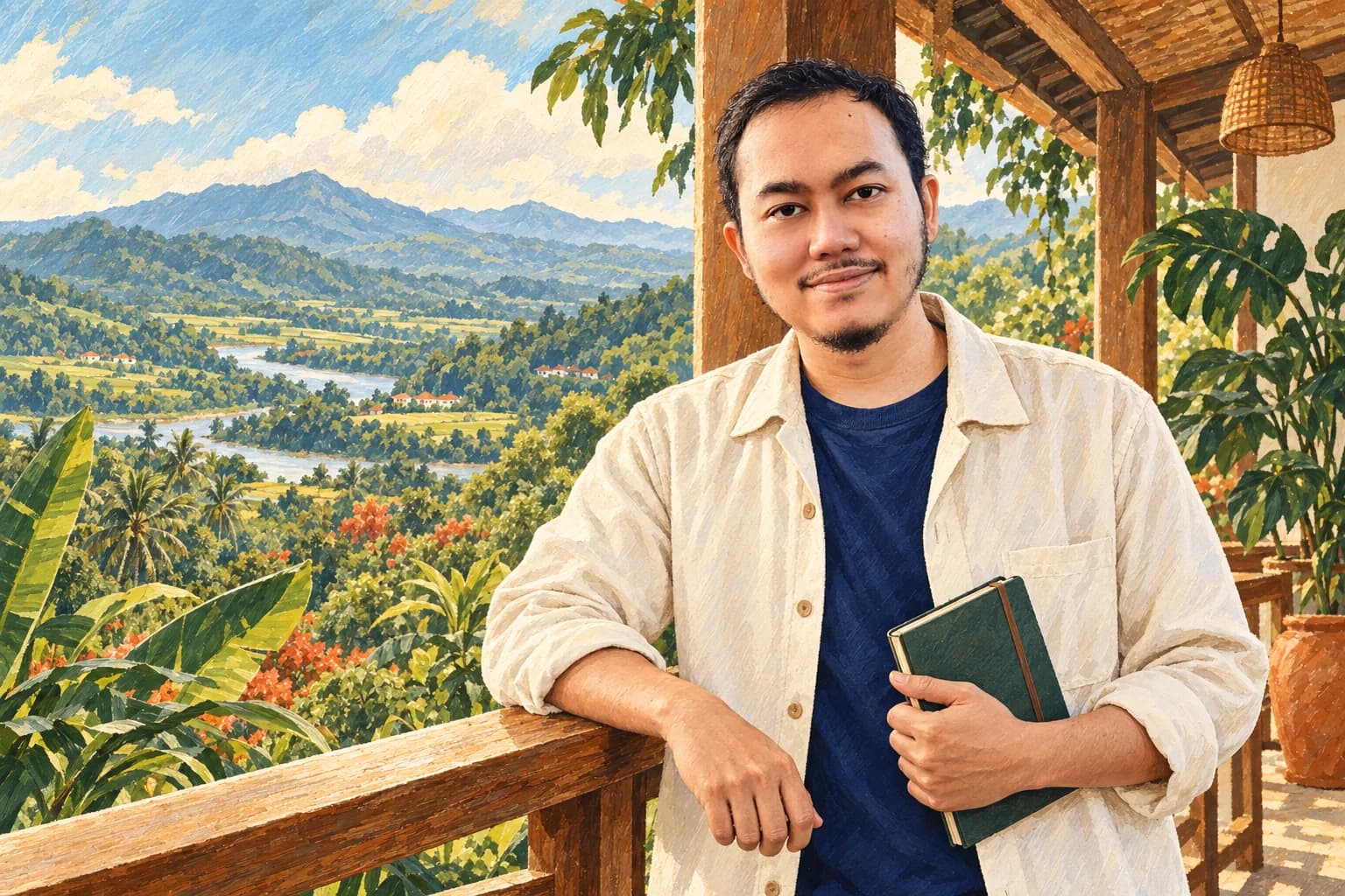 Ilustrasi Khairun Rizki memegang buku catatan di beranda dengan pemandangan hijau.