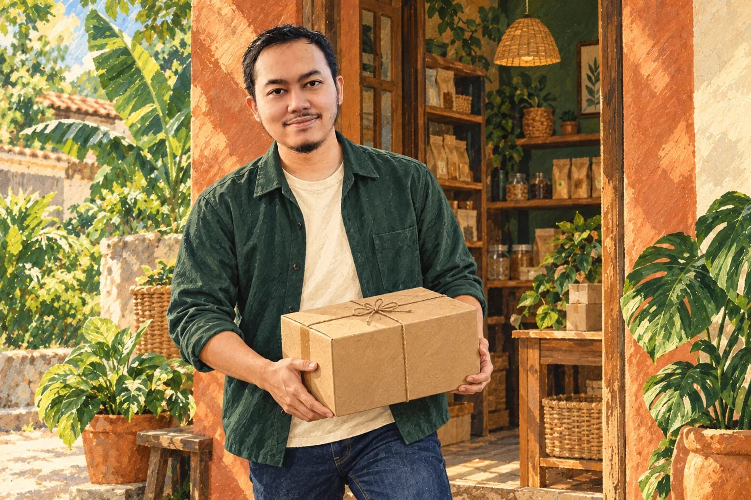 Ilustrasi Khairun Rizki membawa kotak produk di depan usaha kecil yang siap dibuka.