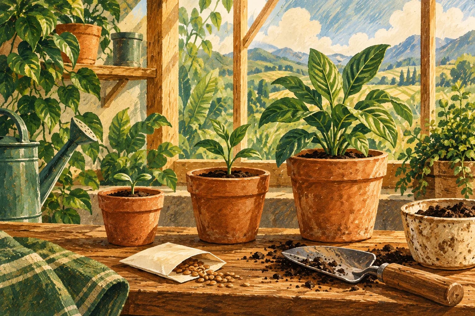 Ilustrasi bibit tanaman pada berbagai tahap pertumbuhan, alat kebun, dan pot tanah liat.