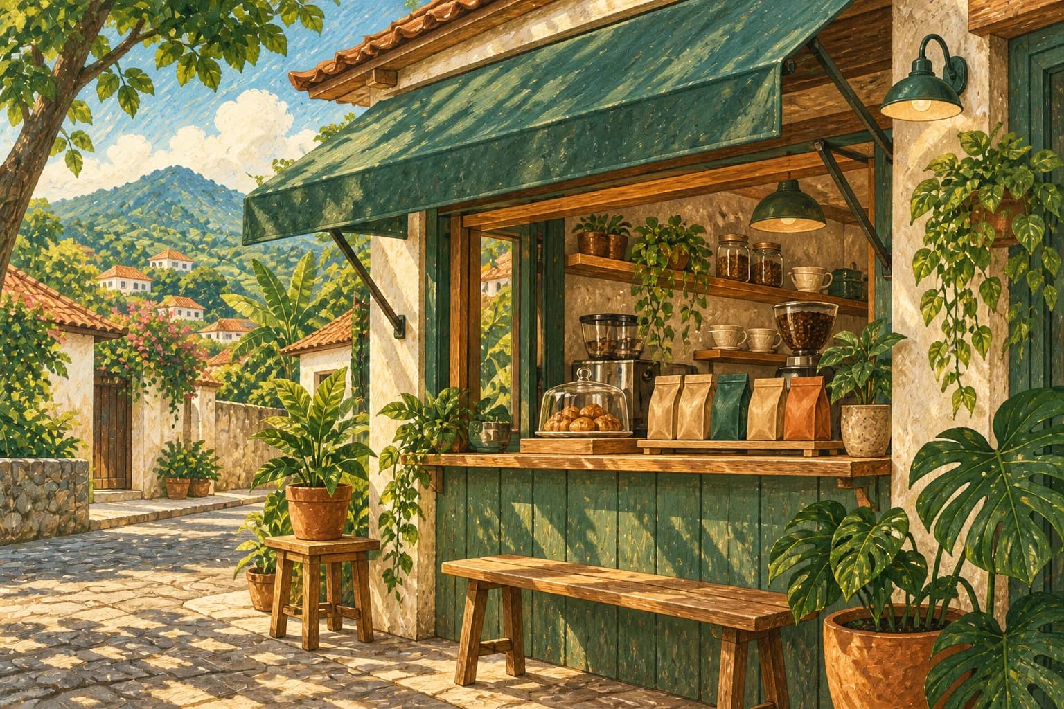 Ilustrasi etalase kedai kopi kecil dengan kemasan, tanaman, dan kanopi hijau tanpa orang.