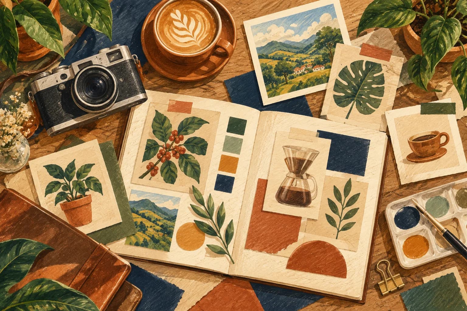 Ilustrasi susunan kartu gambar produk, kamera, dan potongan warna di meja kreatif.