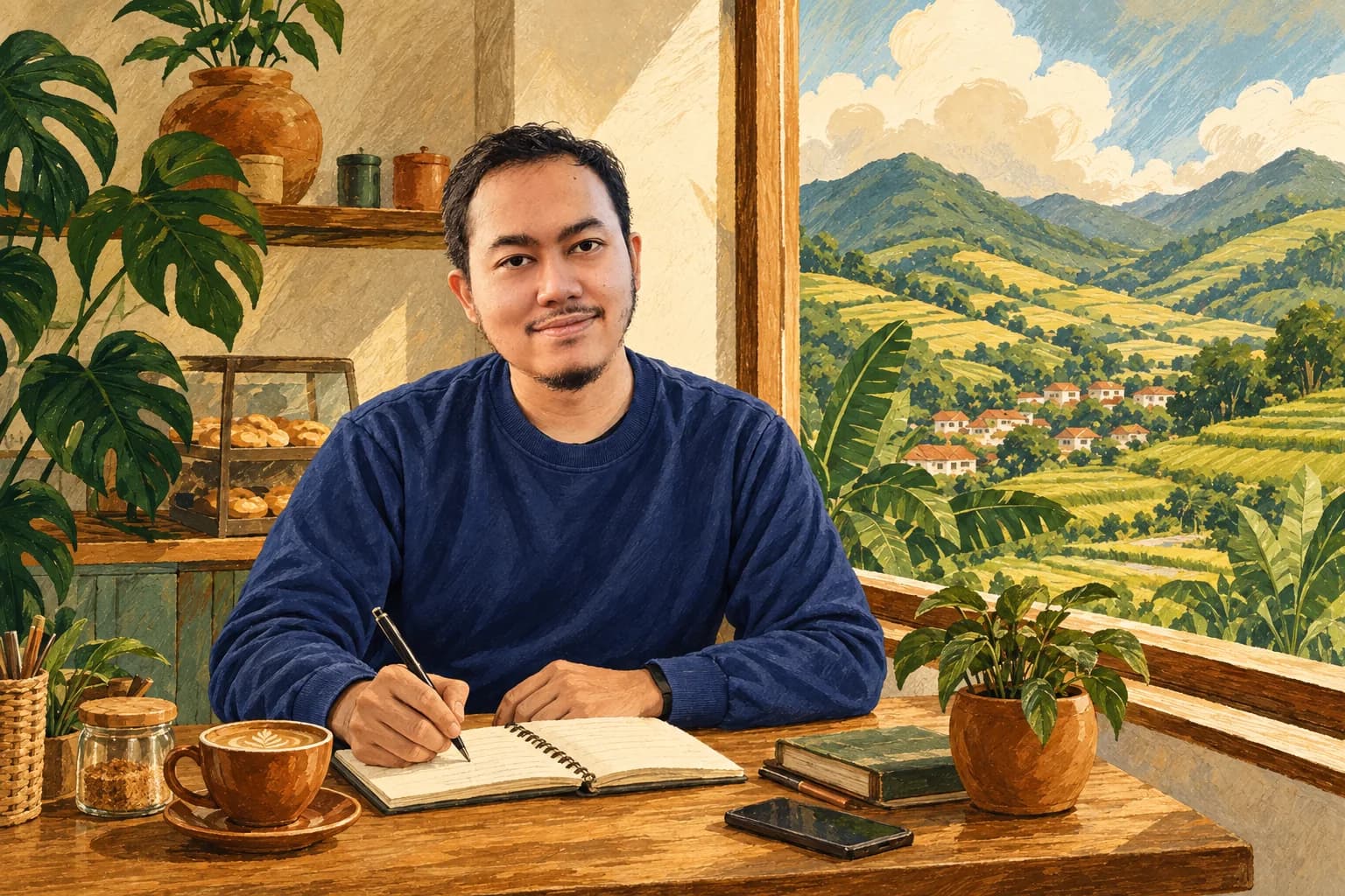 Ilustrasi Khairun Rizki menulis catatan di kedai dengan pemandangan sawah dan pegunungan.