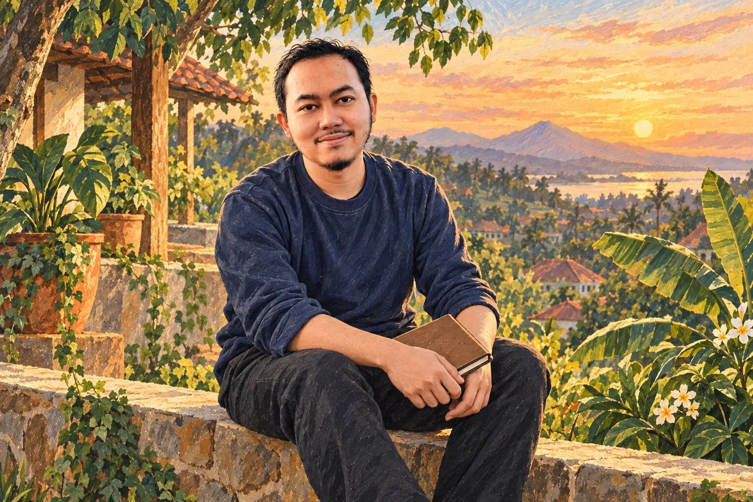 Ilustrasi Khairun Rizki merenungkan perjalanan usaha di teras.