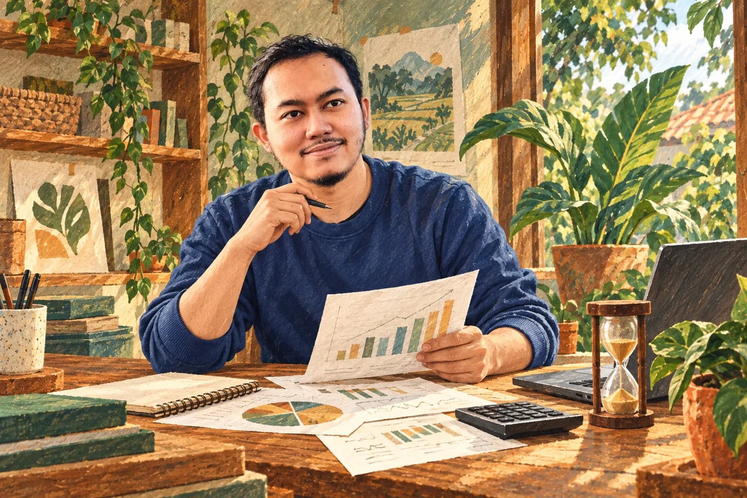 Ilustrasi Khairun Rizki meninjau catatan keuangan.