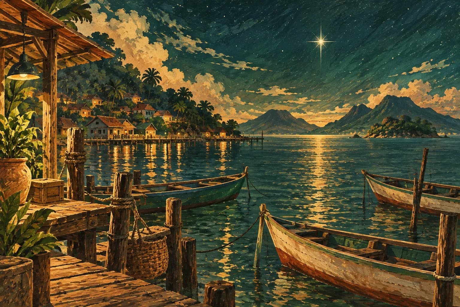 Ilustrasi bintang terang memandu perahu di teluk tenang pada malam hari.