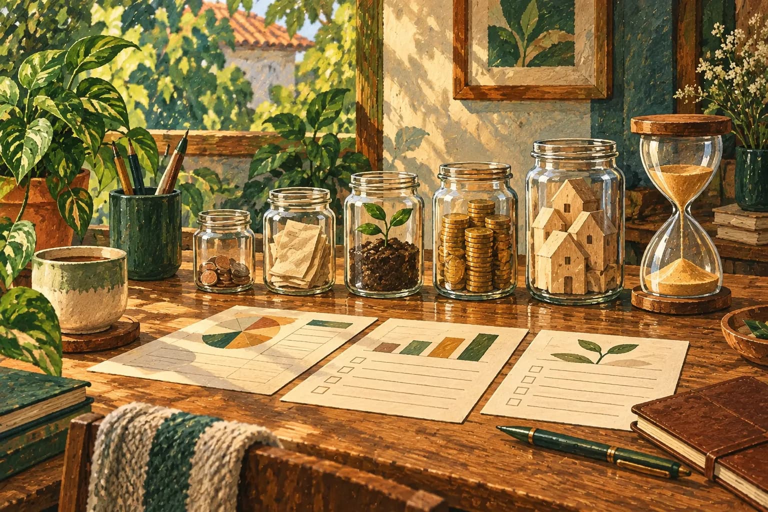 Ilustrasi jam pasir, wadah dana, dan catatan keuangan di meja kayu.