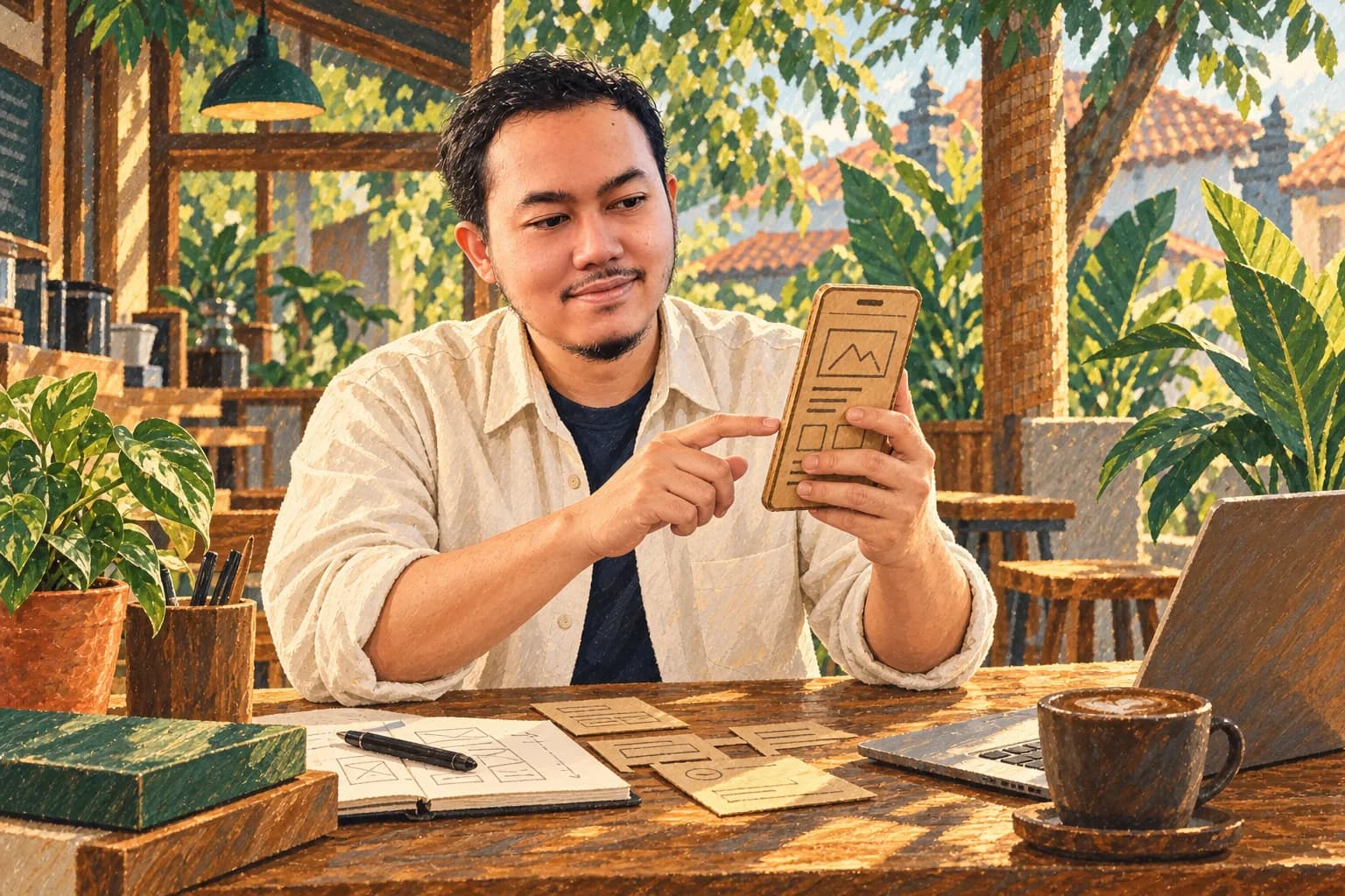 Ilustrasi Khairun Rizki mengamati prototipe kemasan.