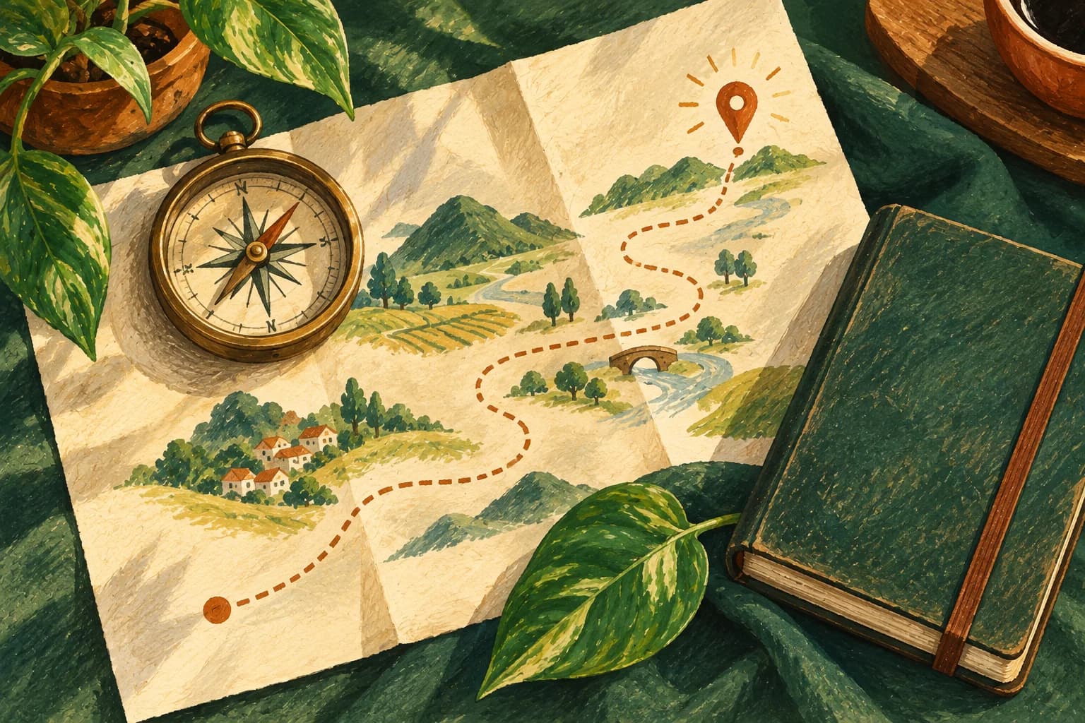 Ilustrasi kompas kuningan, peta jalur, dan buku catatan di atas kain hijau.