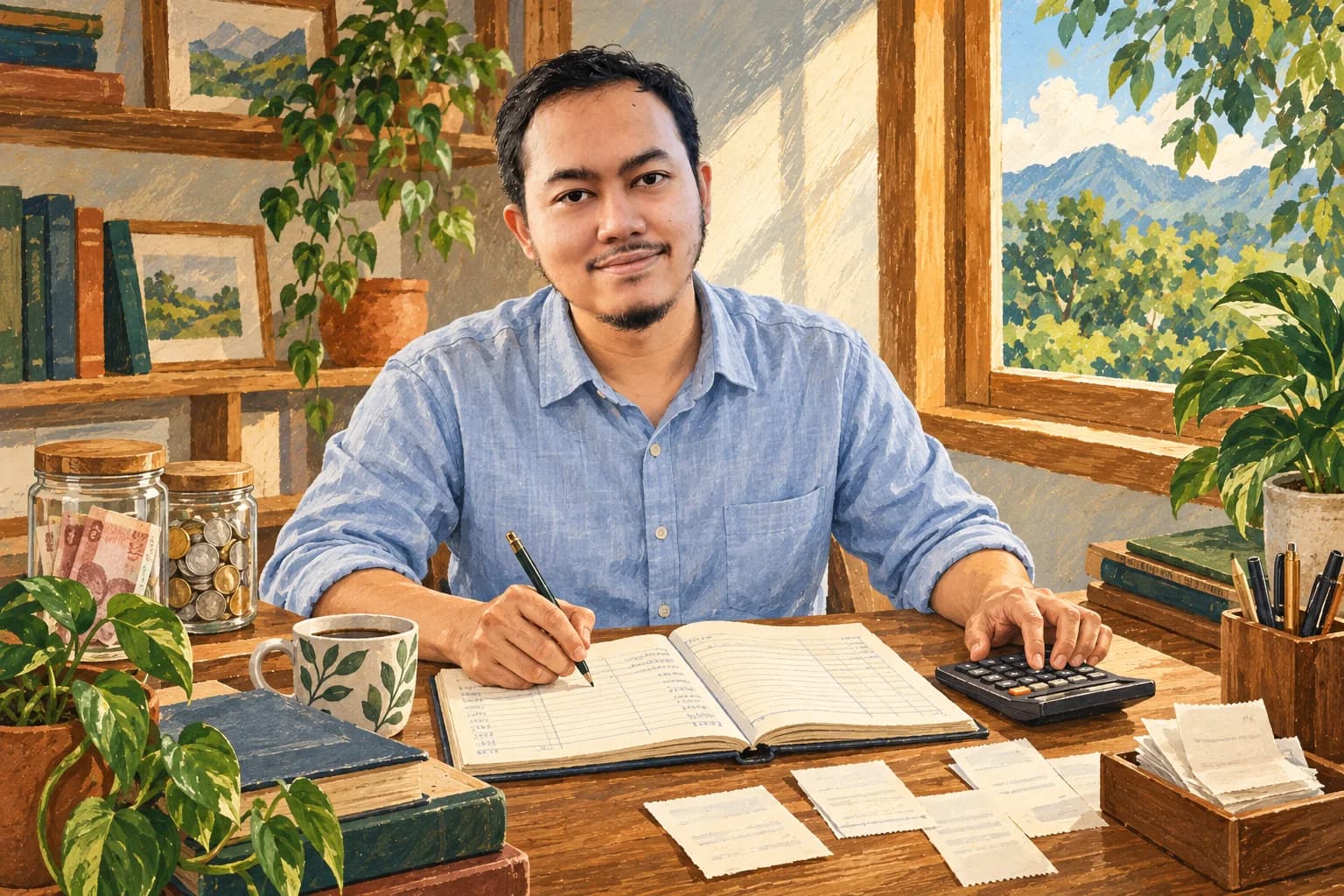 Ilustrasi Khairun Rizki meninjau buku keuangan dengan kalkulator di meja kerja.