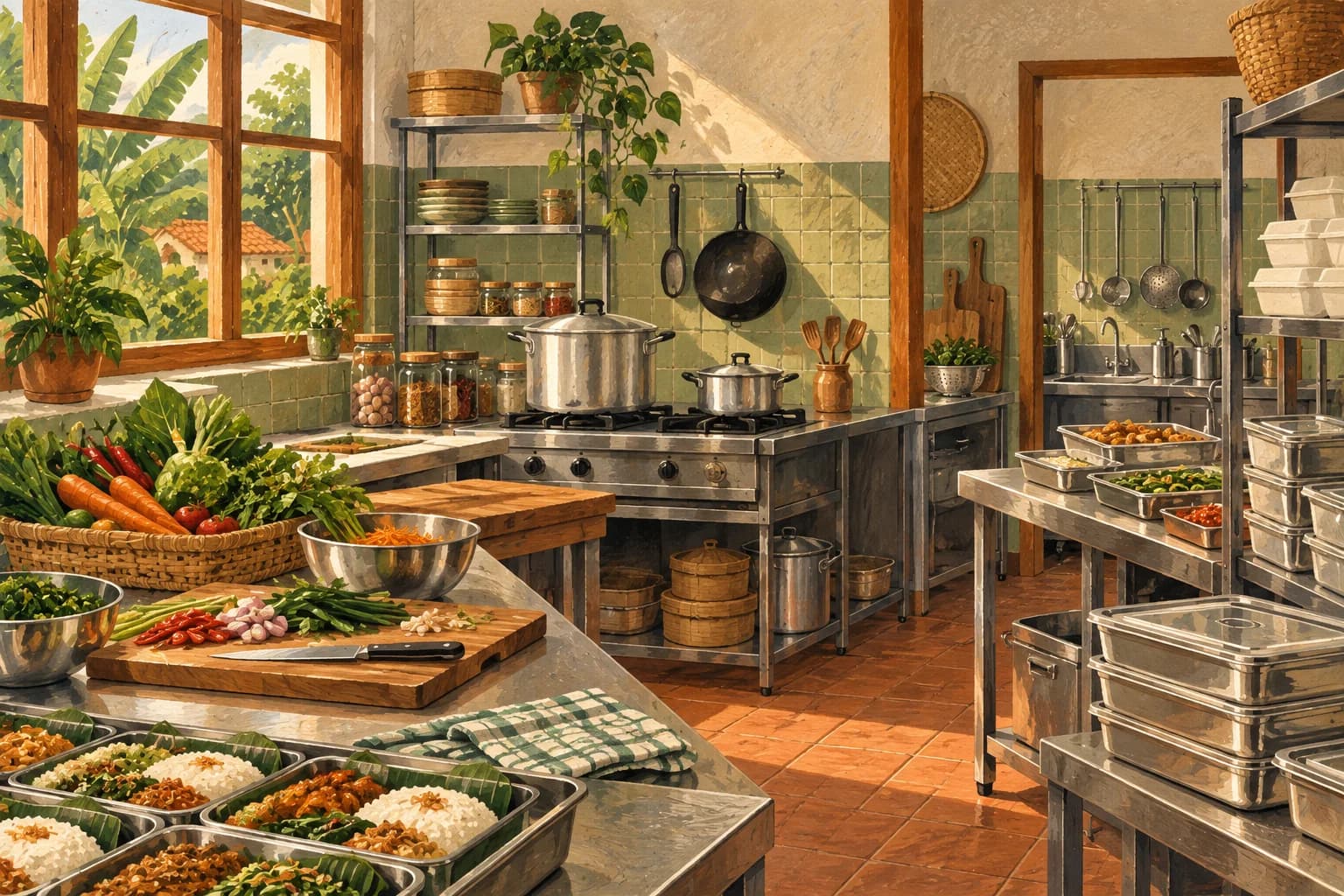 Ilustrasi dapur usaha katering yang rapi dengan bahan, wadah makanan, dan peralatan masak tanpa orang.