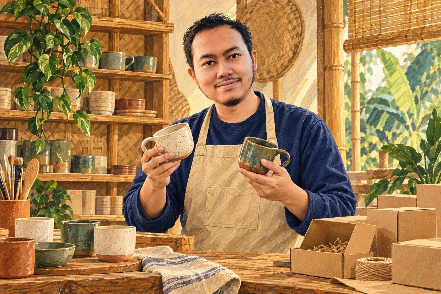 Ilustrasi Khairun Rizki membandingkan dua cangkir keramik di meja perajin.