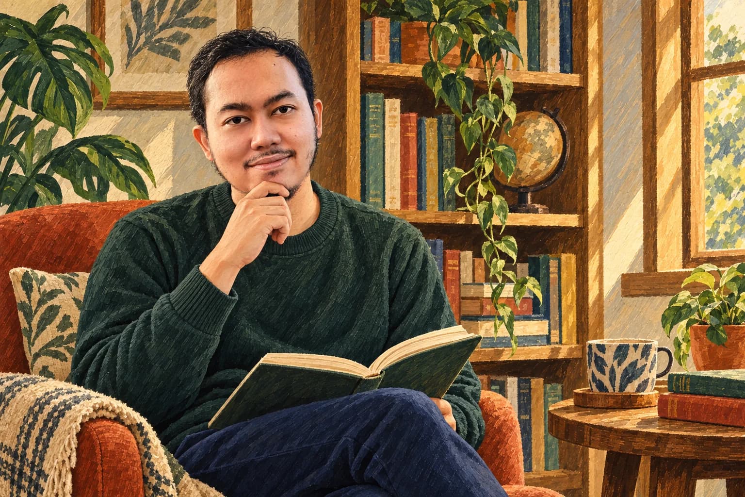 Ilustrasi Khairun Rizki membaca sambil merenung di sudut perpustakaan.