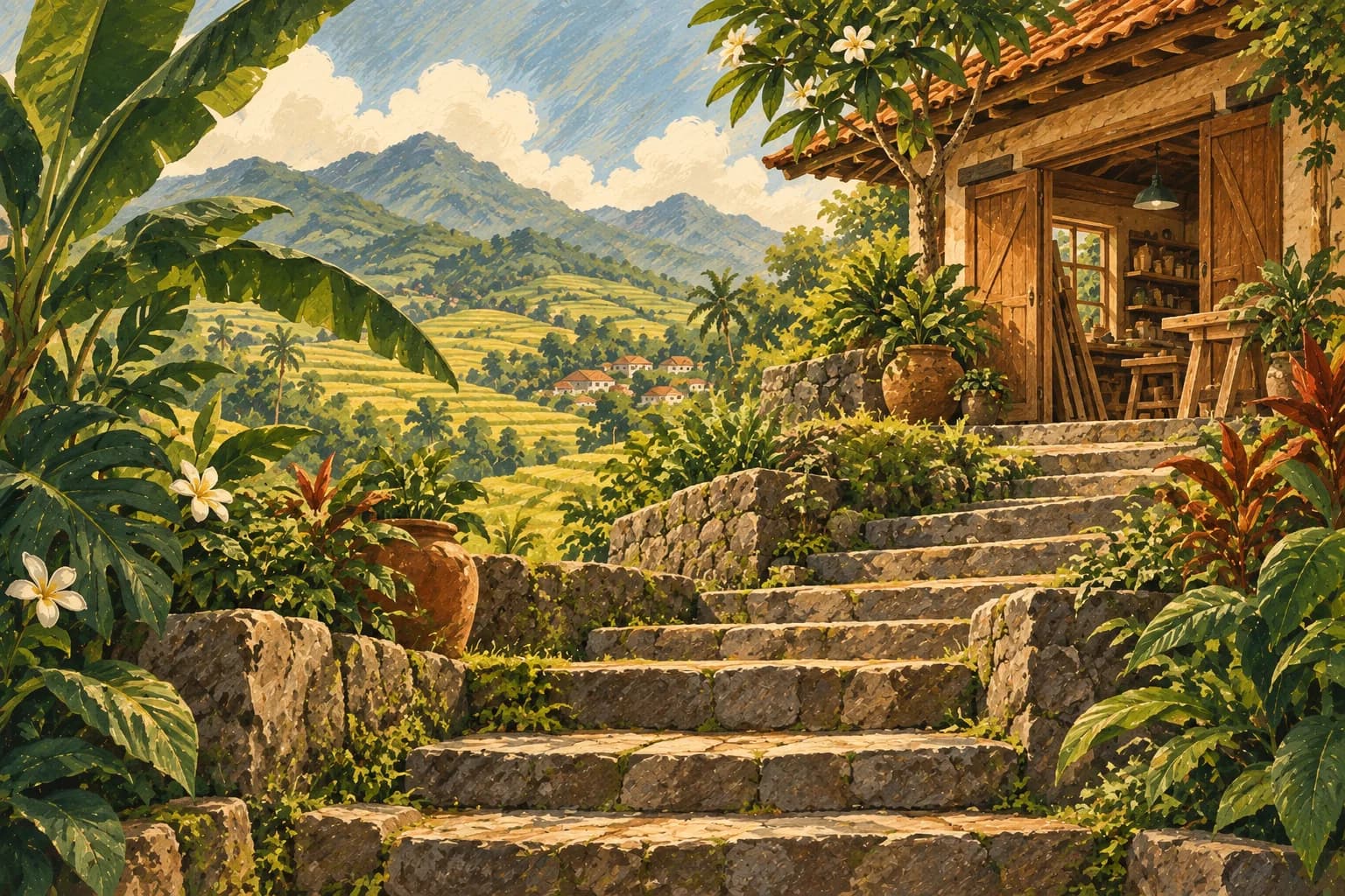 Ilustrasi jalan setapak bertingkat melewati kebun menuju bangunan usaha kecil di kejauhan tanpa orang.