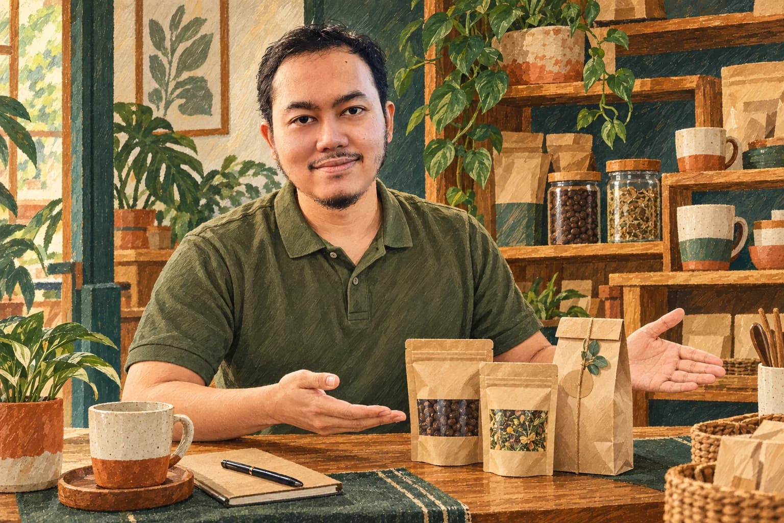 Ilustrasi Khairun Rizki menjelaskan pilihan paket produk di meja konsultasi.