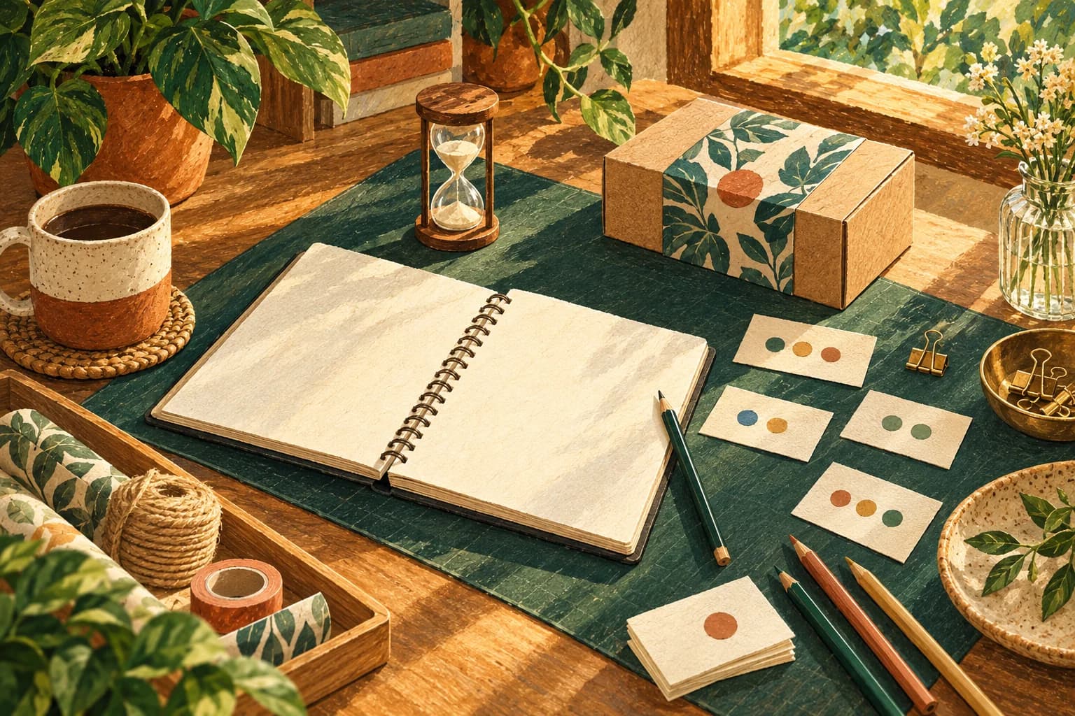 Ilustrasi meja kerja dengan kartu rencana, alat tulis, jam pasir, dan satu kotak produk selesai.