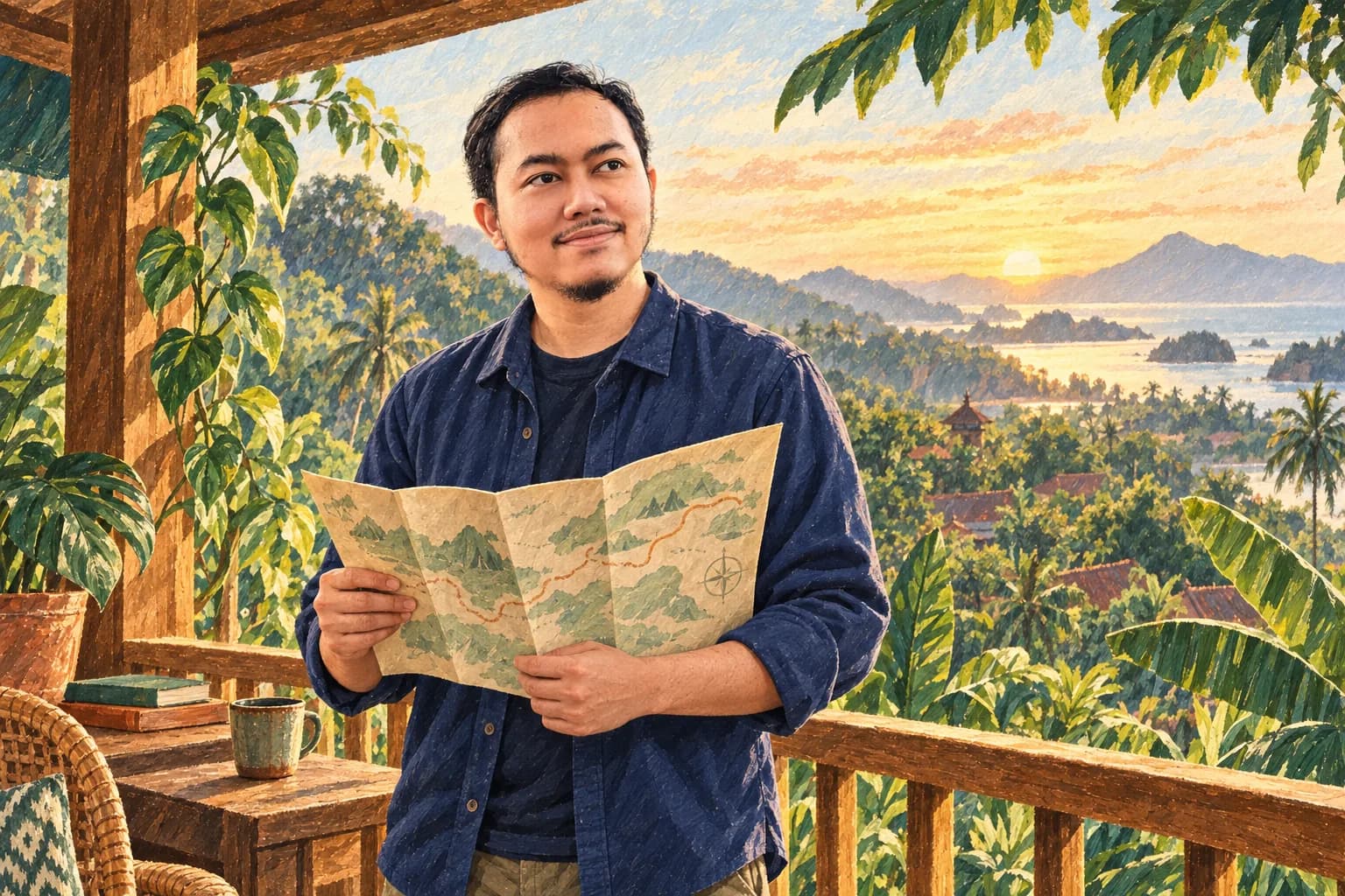 Ilustrasi Khairun Rizki merencanakan perjalanan usaha sambil memegang peta.