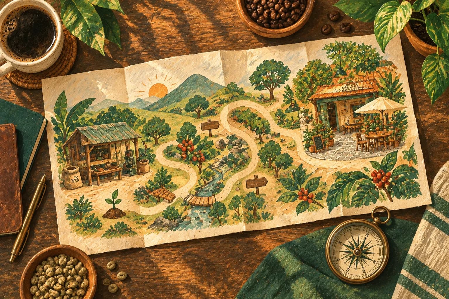 Ilustrasi peta jalur usaha, kompas, dan buku di meja kayu.